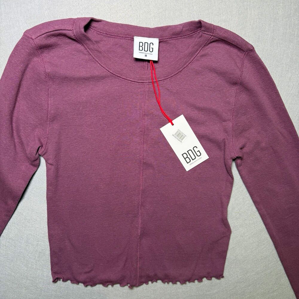 BDG Womens Purple Cropped Knit T-Shirt M Long Sleeve Round Neck Slim Ruffle